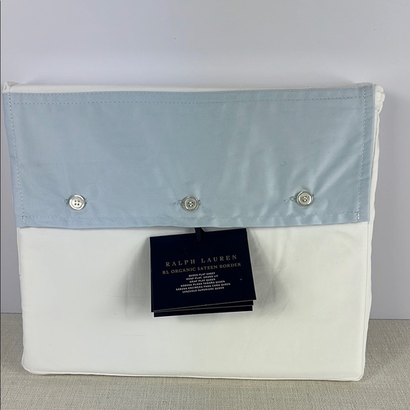 Ralph Lauren Organic Sateen Border Queen Flat Sheet Blue Hyacinth 96 x 108 NEW - Picture 1 of 7